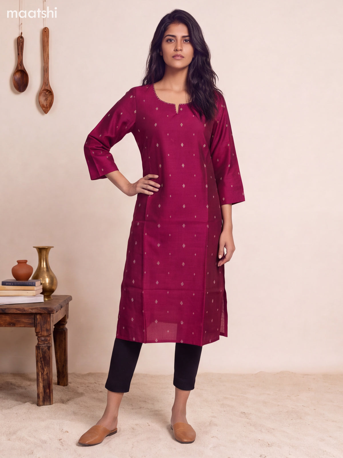 Magenta Pink Art Silk Embroidery Work Straight Kurti