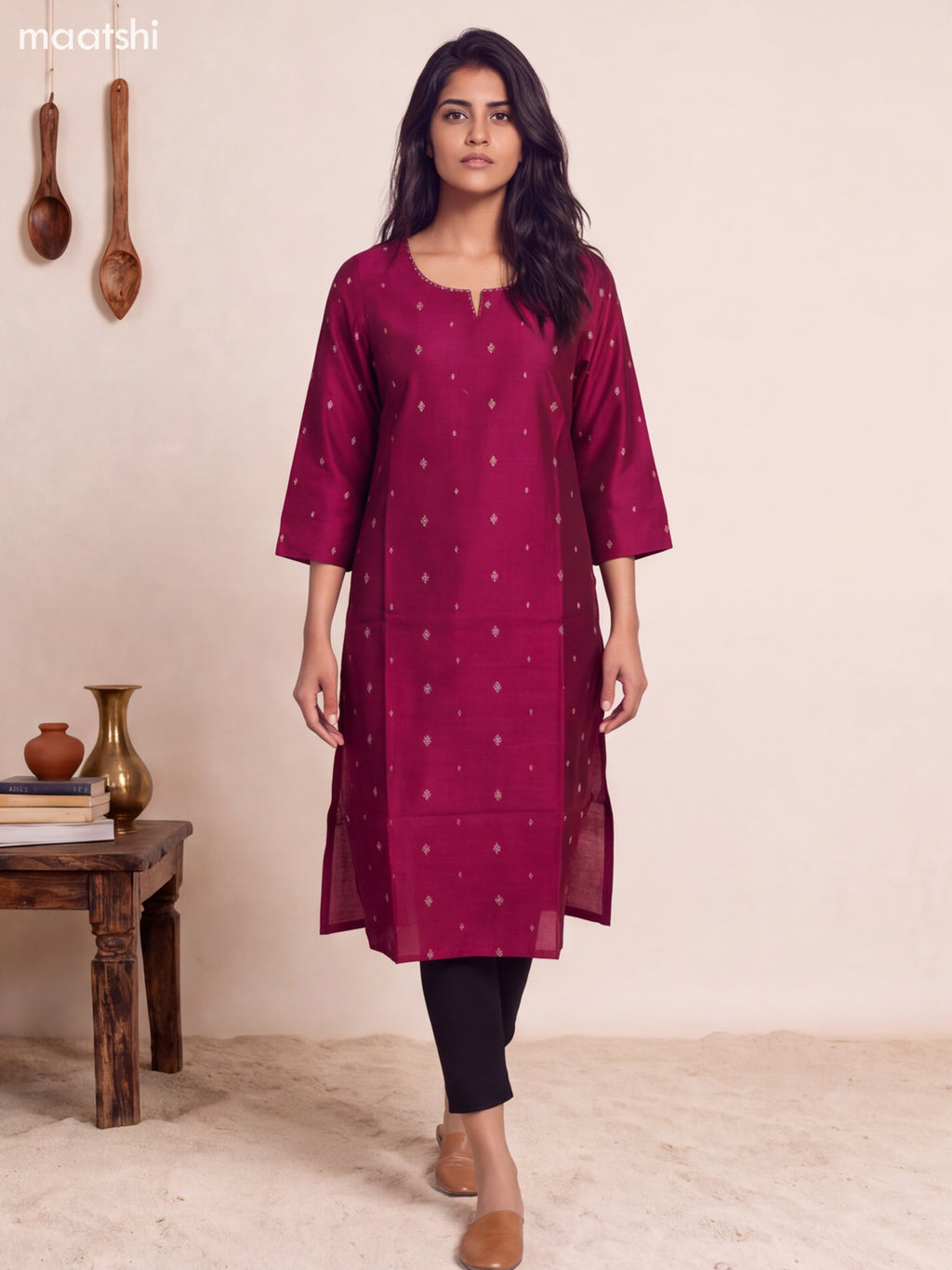 Magenta Pink Art Silk Embroidery Work Straight Kurti