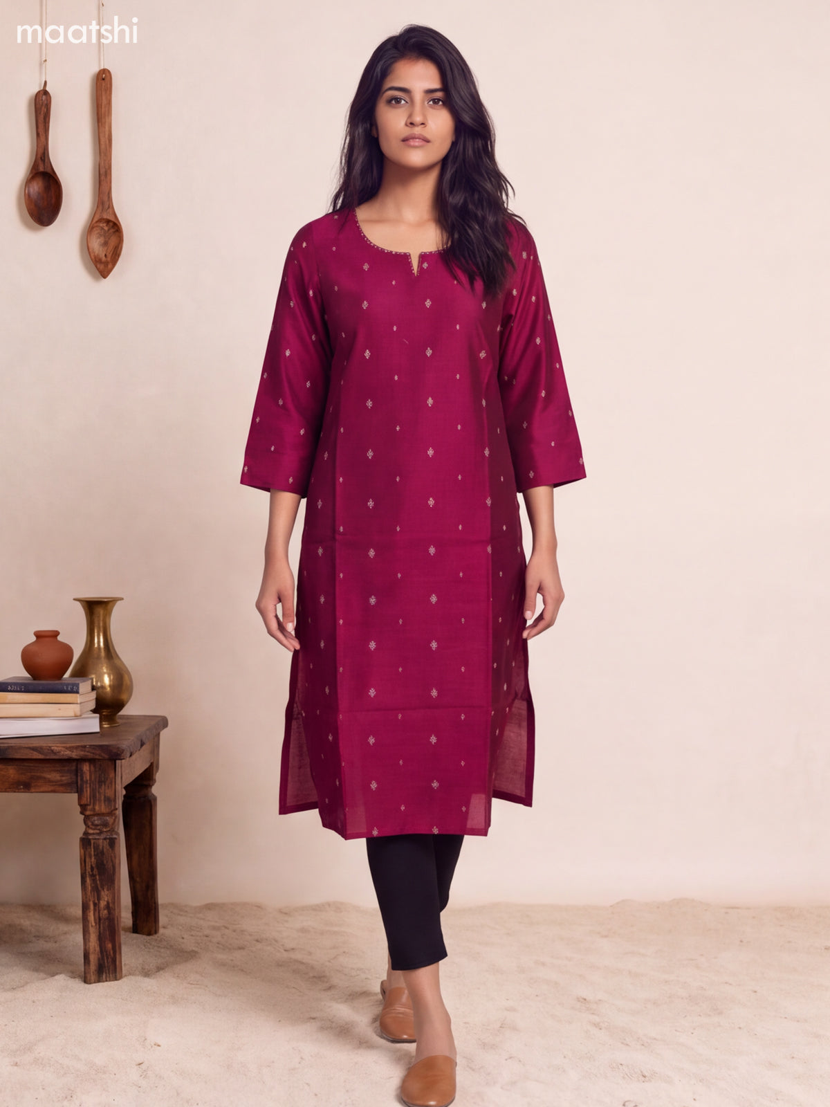 Magenta Pink Art Silk Embroidery Work Straight Kurti