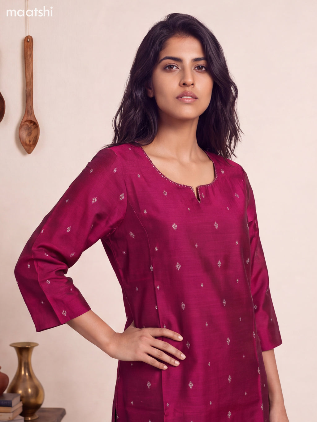 Magenta Pink Art Silk Embroidery Work Straight Kurti