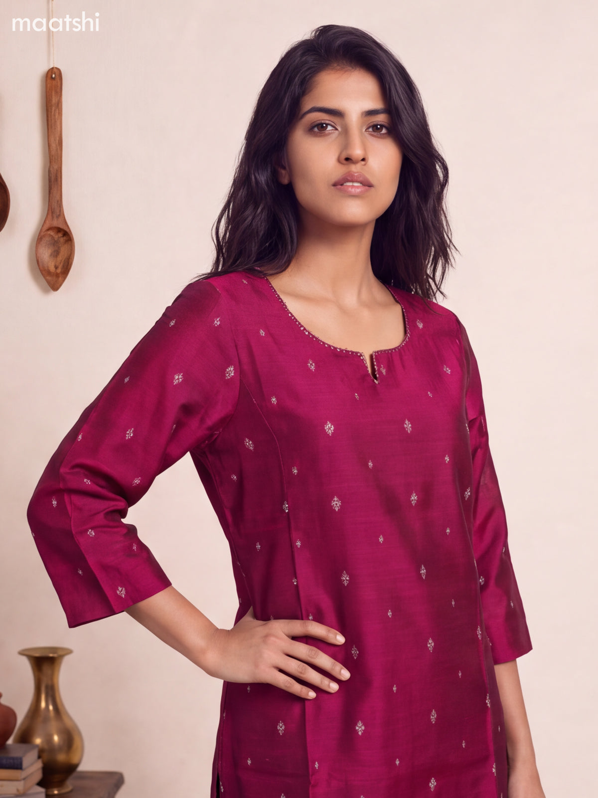 Magenta Pink Art Silk Embroidery Work Straight Kurti