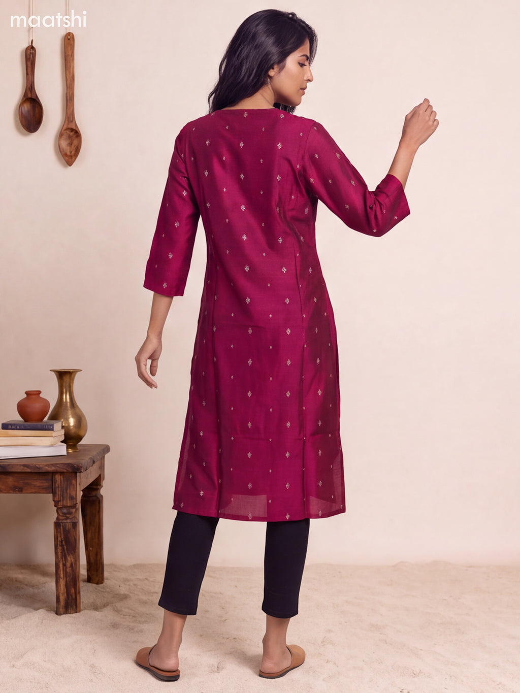 Magenta Pink Art Silk Embroidery Work Straight Kurti