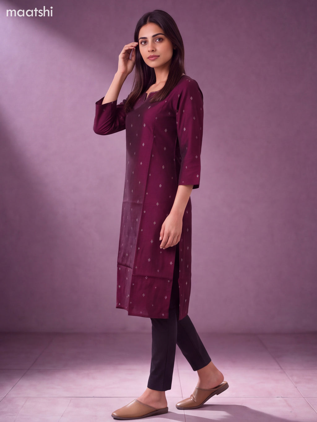 Deep Wine Art Silk Embroidery Work Straight Kurti