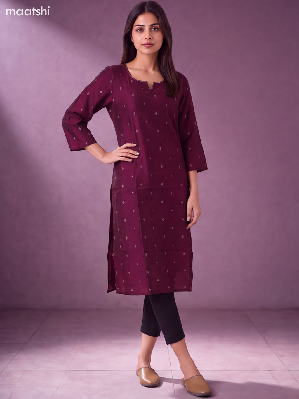 Deep Wine Art Silk Embroidery Work Straight Kurti