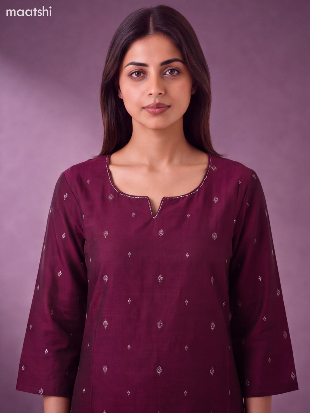 Deep Wine Art Silk Embroidery Work Straight Kurti