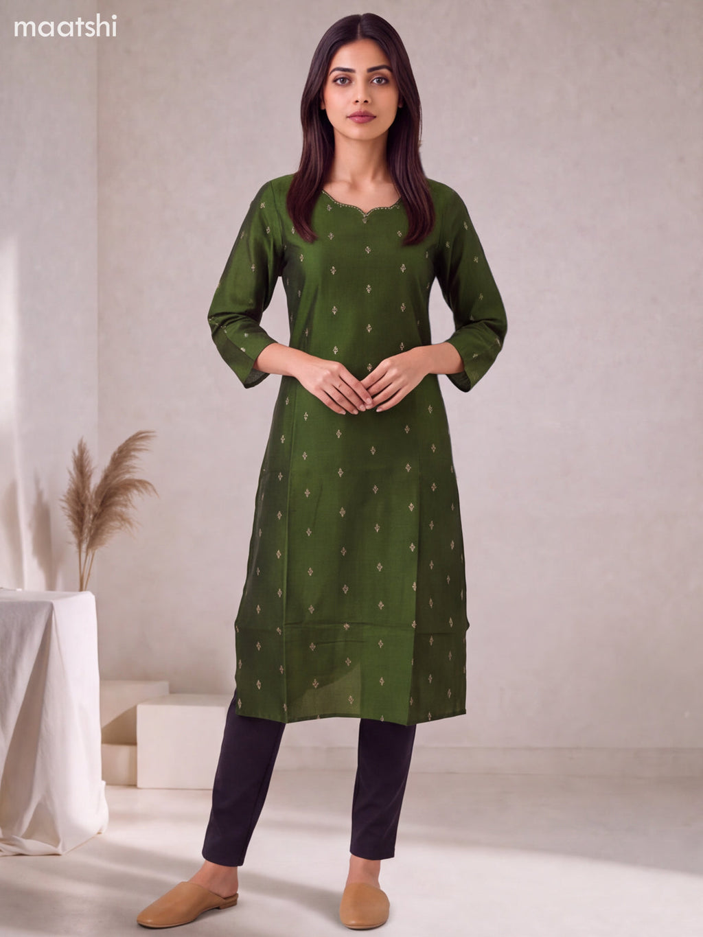 Sap Green Art Silk Embroidery Work Straight Kurti