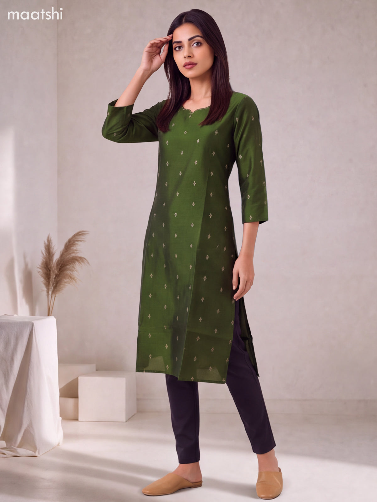 Sap Green Art Silk Embroidery Work Straight Kurti