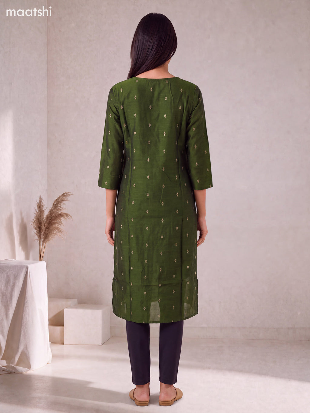 Sap Green Art Silk Embroidery Work Straight Kurti
