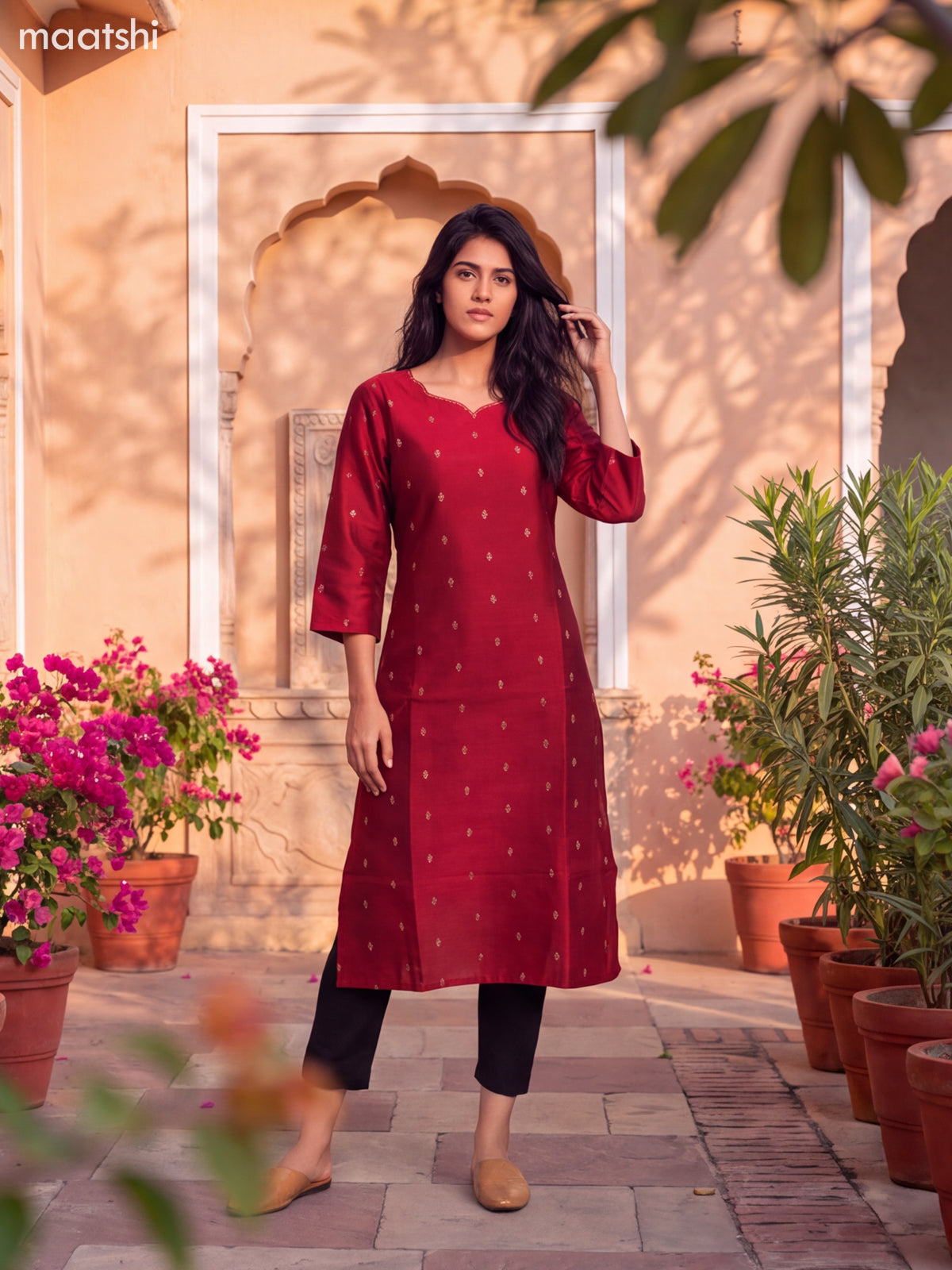 Maroon Art Silk Embroidery Work Straight Kurti