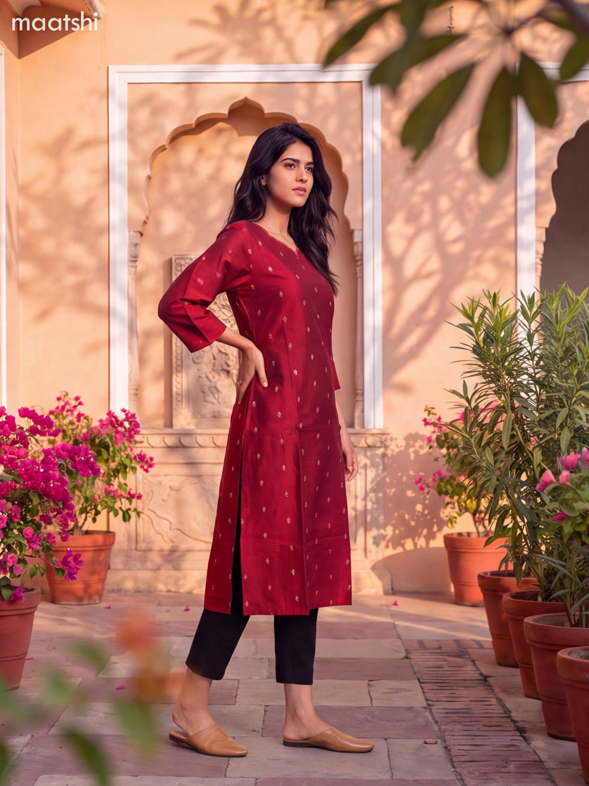 Maroon Art Silk Embroidery Work Straight Kurti