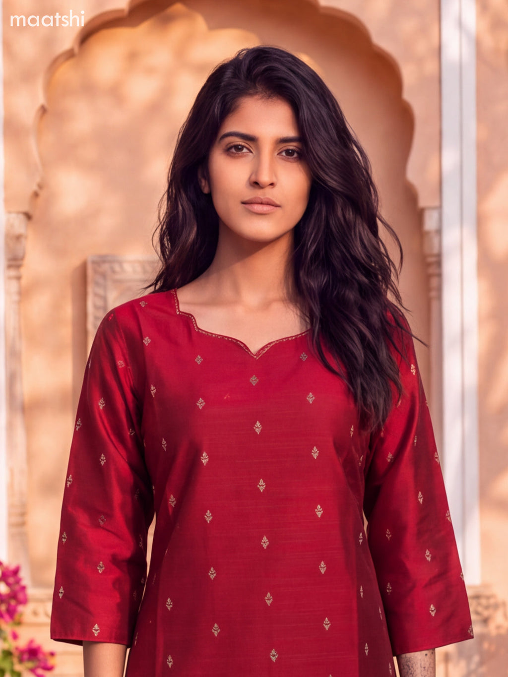 Maroon Art Silk Embroidery Work Straight Kurti