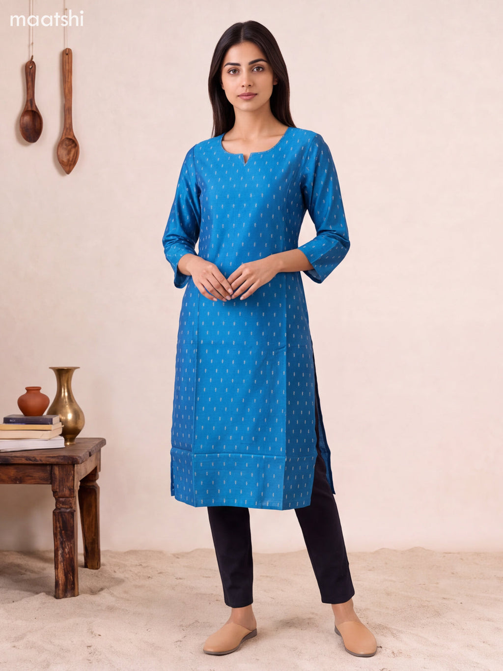 Blue Art Silk Embroidery Work Straight Kurti