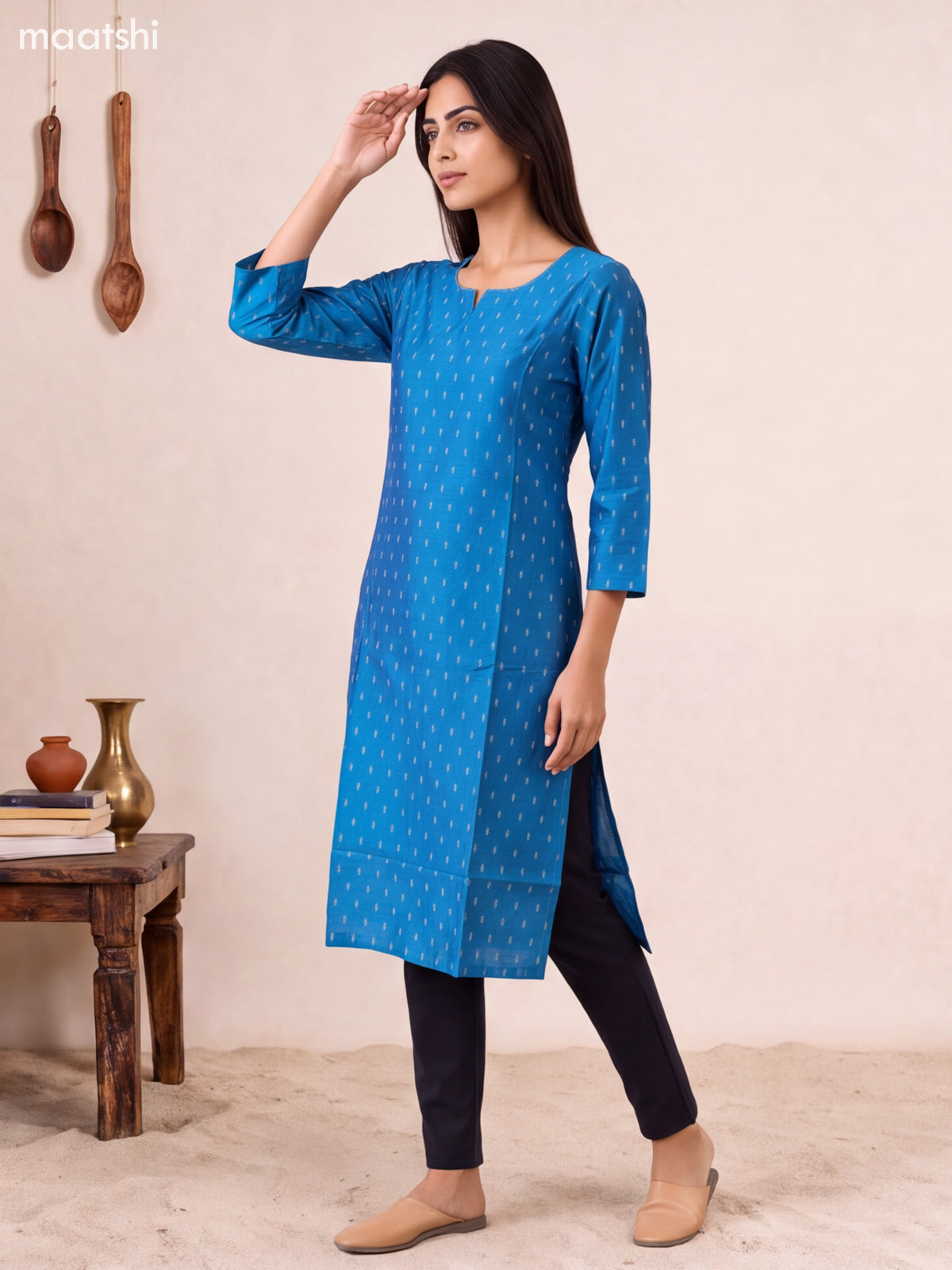 Blue Art Silk Embroidery Work Straight Kurti