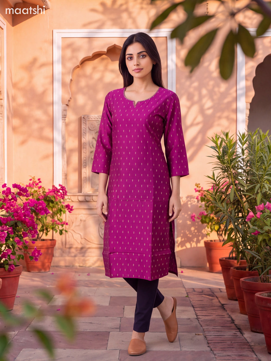 Magenta Art Silk Embroidery Work Straight Kurti