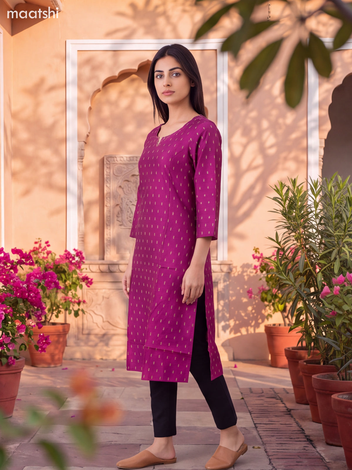 Magenta Art Silk Embroidery Work Straight Kurti
