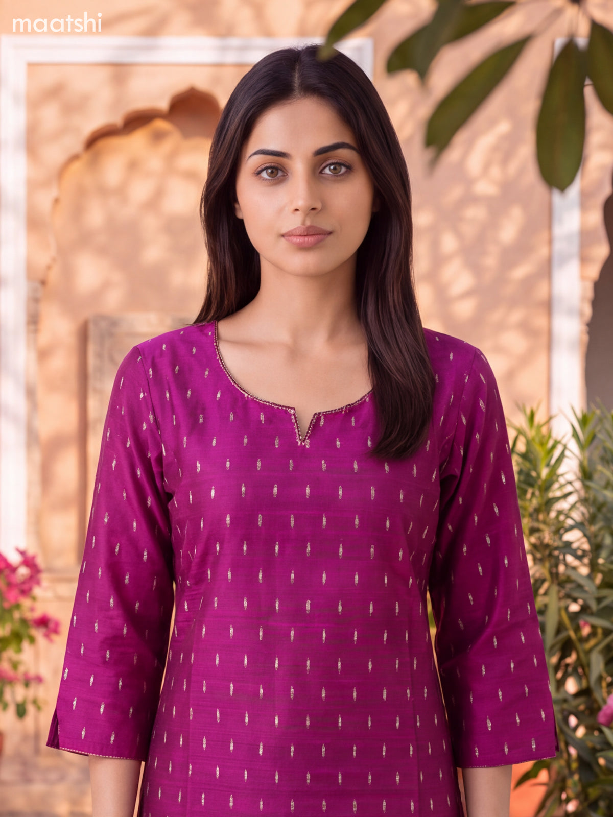 Magenta Art Silk Embroidery Work Straight Kurti