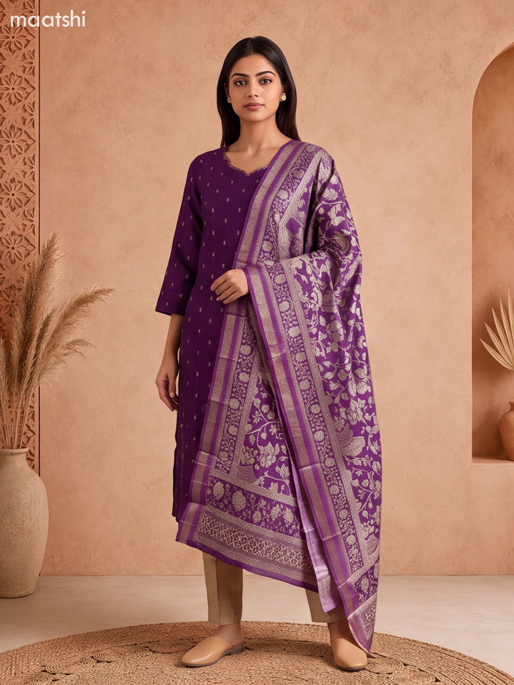 Violet Art Tussar Embroidery Work Straight Suit