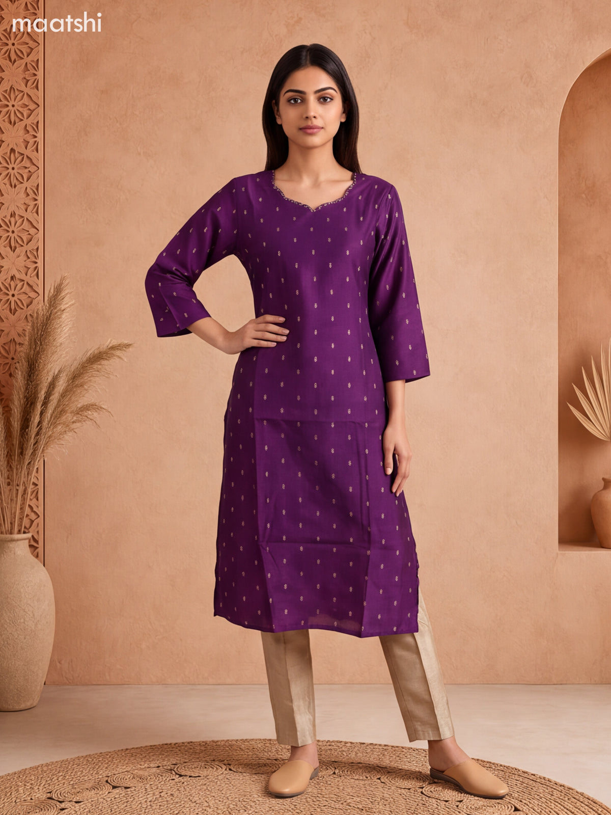 Violet Art Tussar Embroidery Work Straight Suit