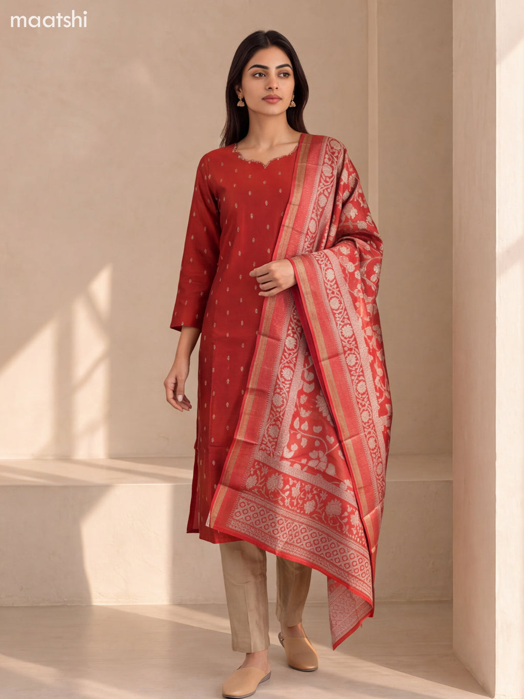 Red Art Silk Embroidery Work Straight Suit