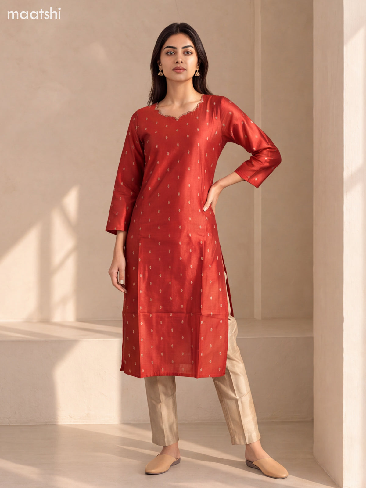 Red Art Silk Embroidery Work Straight Suit