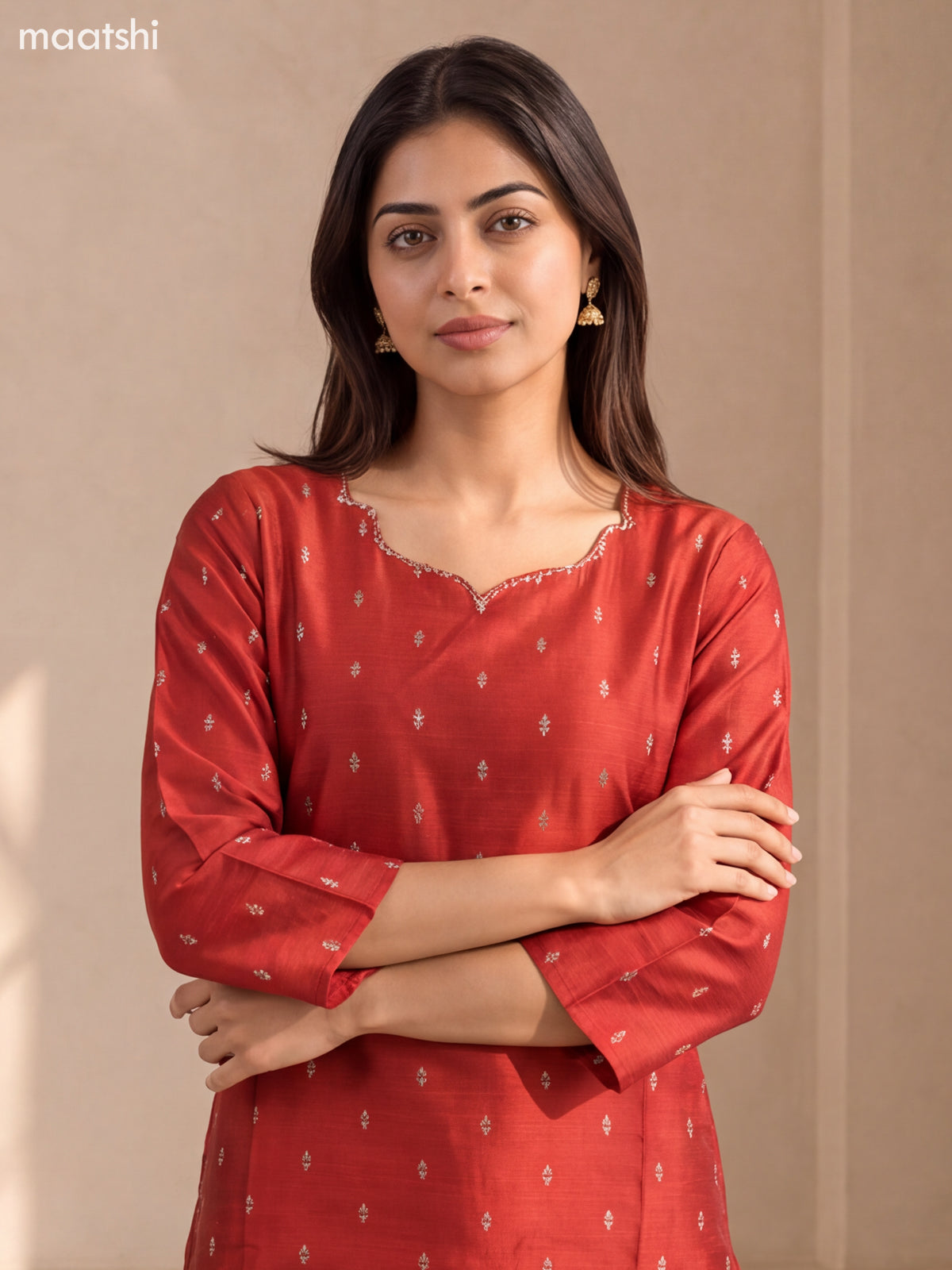Red Art Silk Embroidery Work Straight Suit