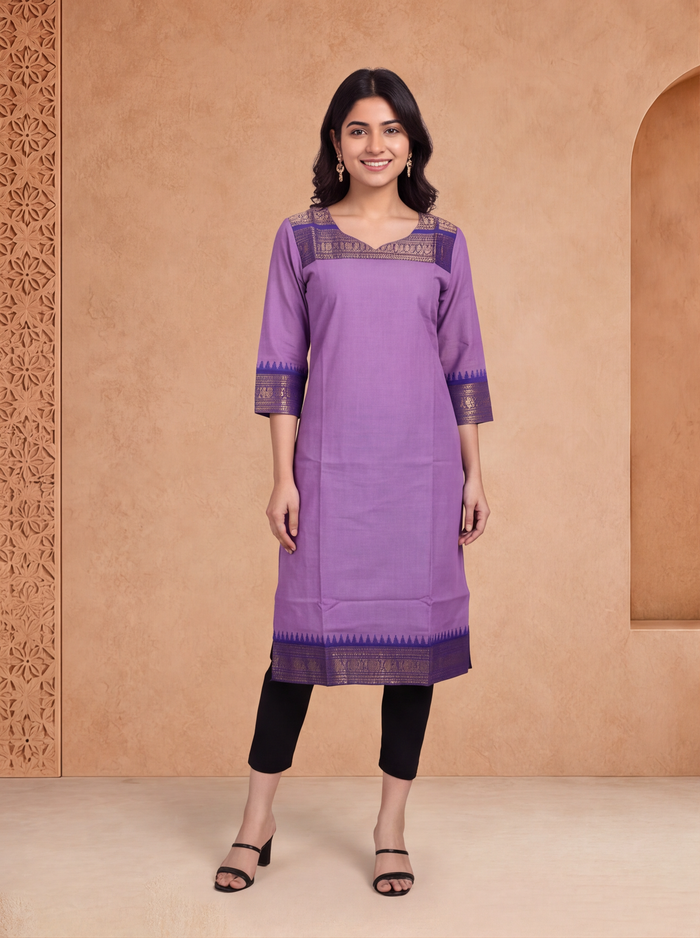 Lavender and Violet Chettinad Cotton With Zari Work Straight Kurti