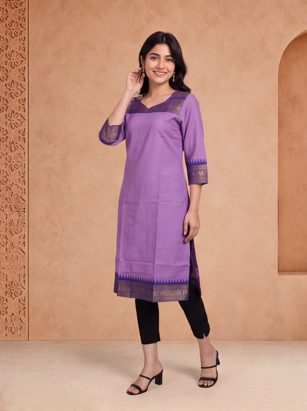 Lavender and Violet Chettinad Cotton With Zari Work Straight Kurti