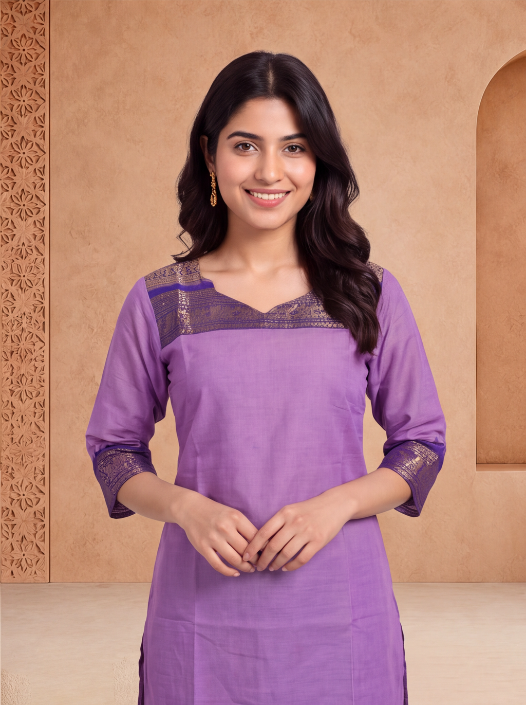 Lavender and Violet Chettinad Cotton With Zari Work Straight Kurti