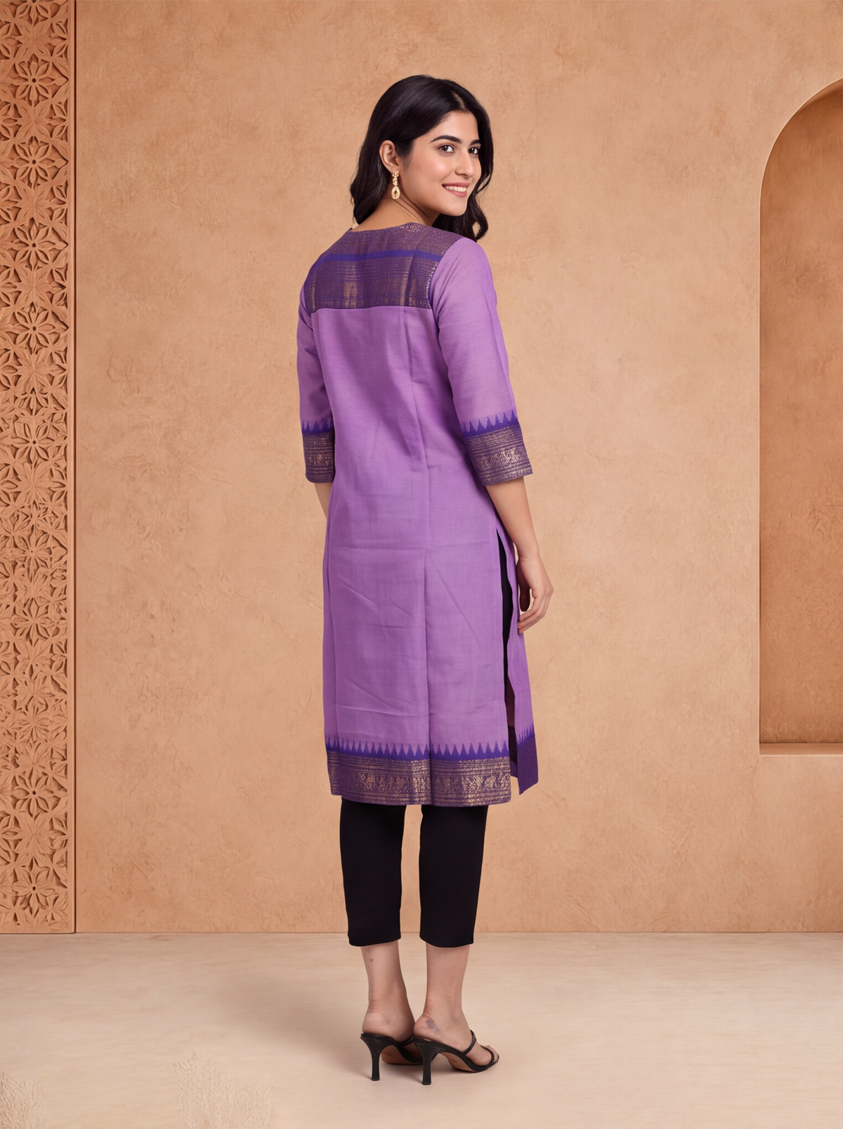 Lavender and Violet Chettinad Cotton With Zari Work Straight Kurti