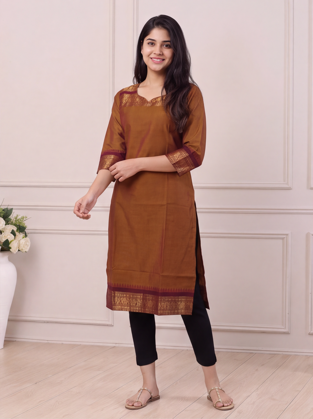 Dark Mustard and Brown Chettinad Cotton With Zari Work Straight Kurti