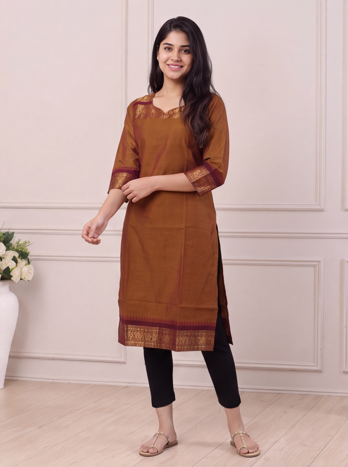 Dark Mustard and Brown Chettinad Cotton With Zari Work Straight Kurti
