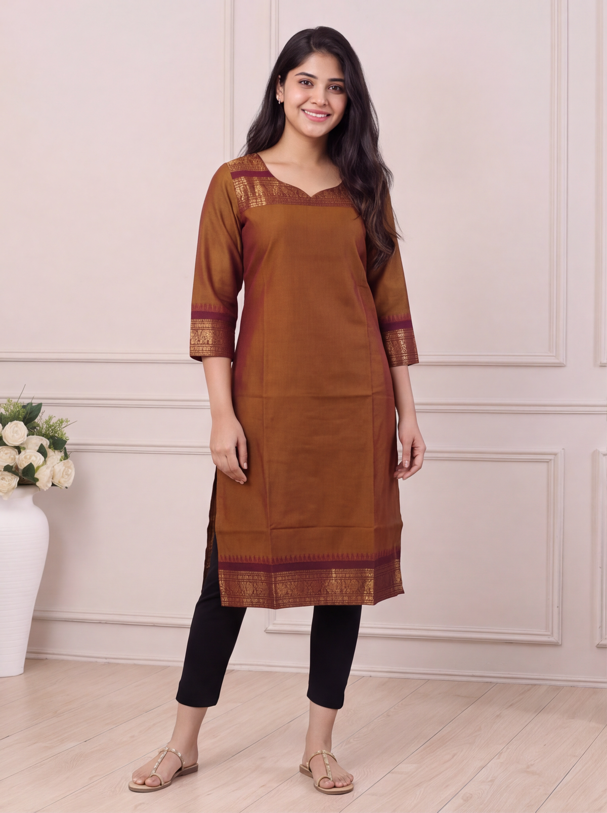 Dark Mustard and Brown Chettinad Cotton With Zari Work Straight Kurti