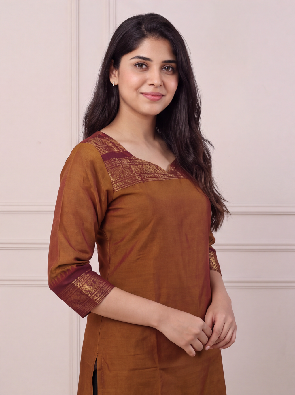 Dark Mustard and Brown Chettinad Cotton With Zari Work Straight Kurti