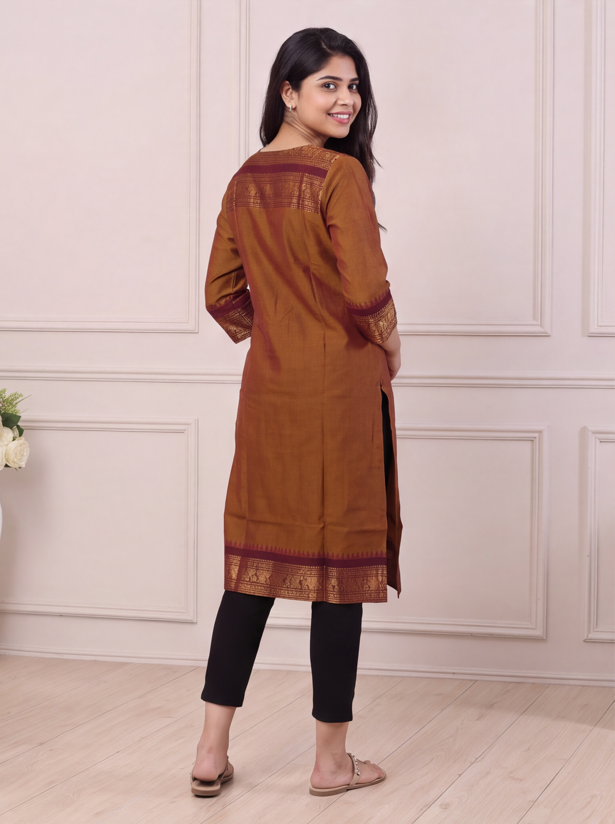 Dark Mustard and Brown Chettinad Cotton With Zari Work Straight Kurti