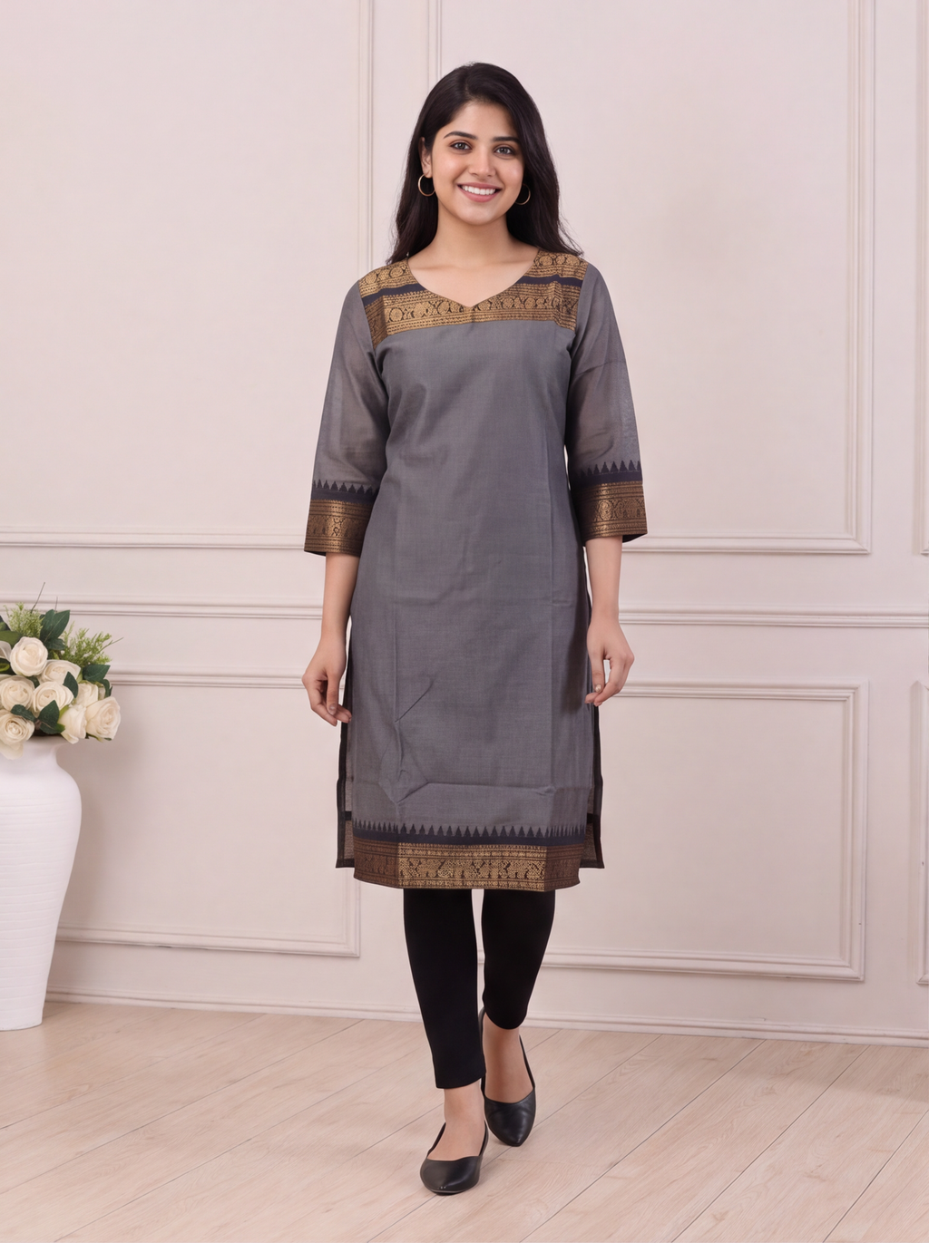 Grey and Black Chettinad Cotton With Zari Work Straight Kurti