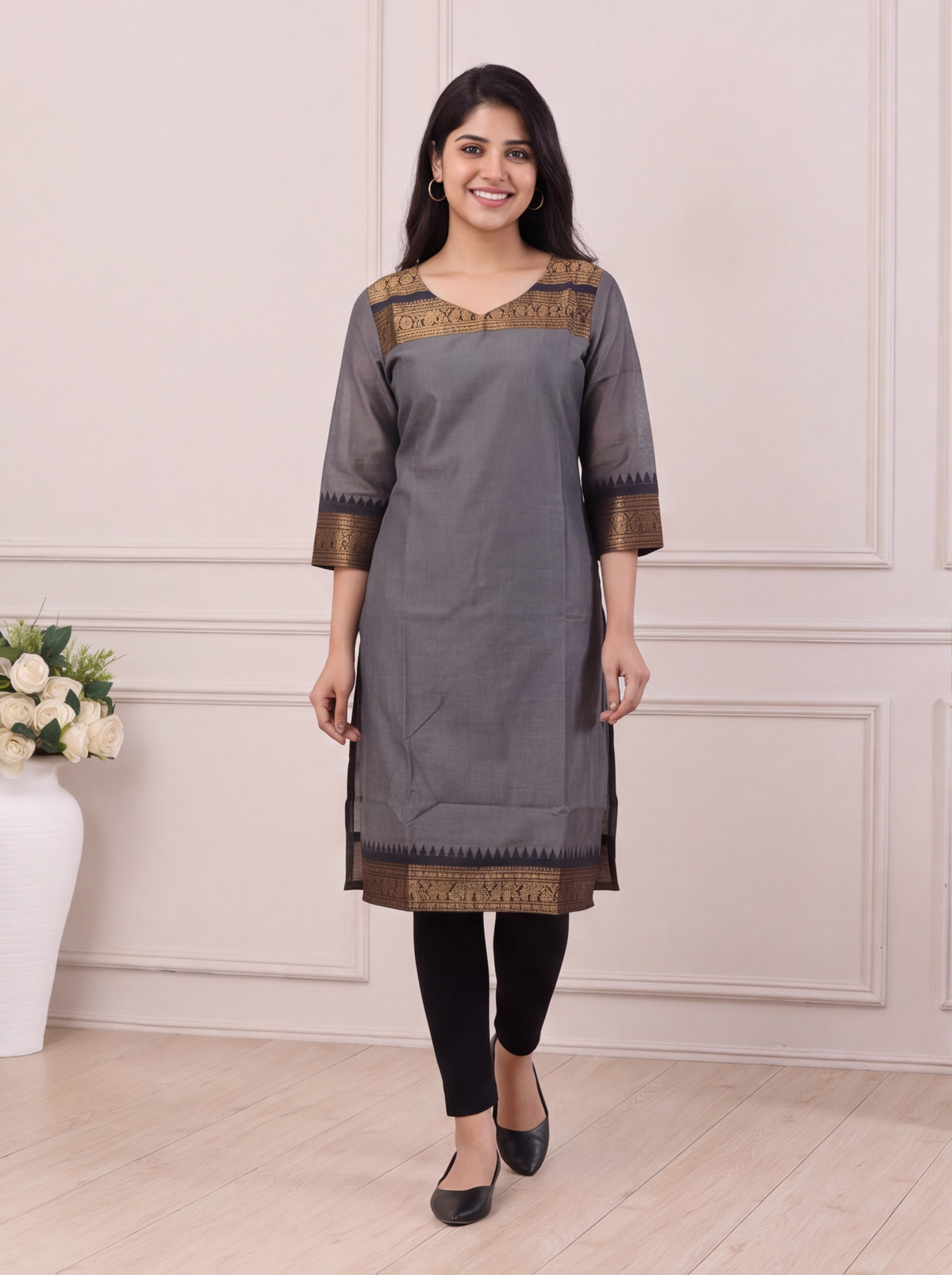 Grey and Black Chettinad Cotton With Zari Work Straight Kurti