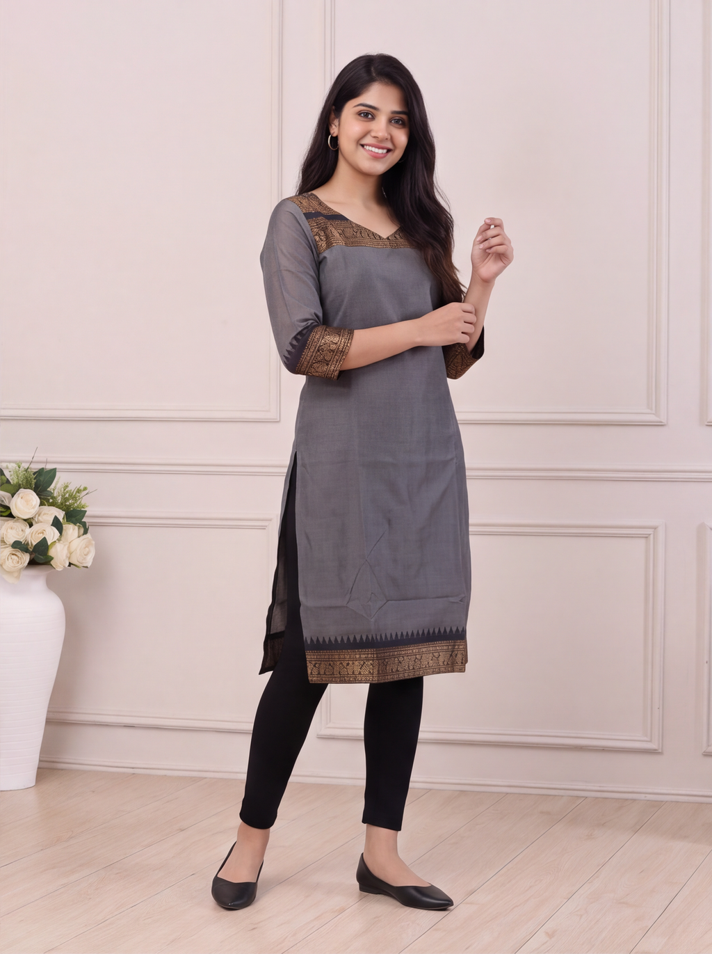 Grey and Black Chettinad Cotton With Zari Work Straight Kurti