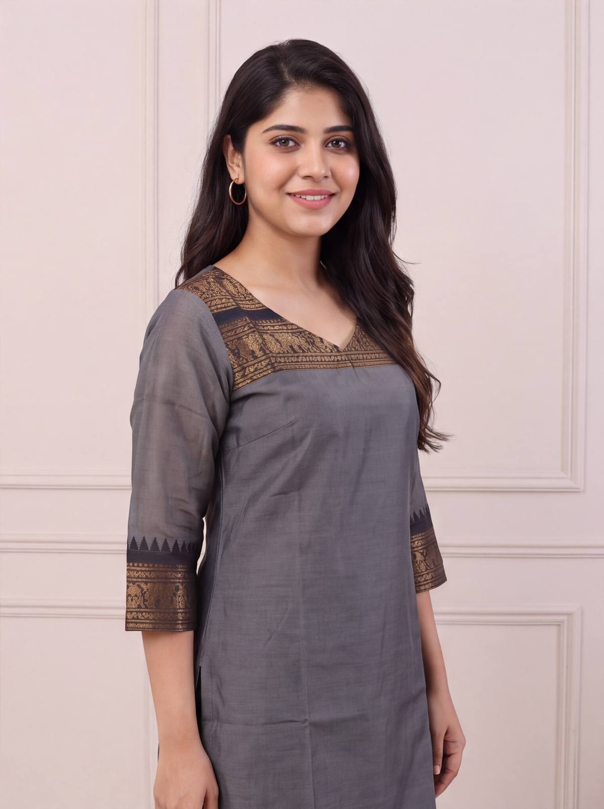 Grey and Black Chettinad Cotton With Zari Work Straight Kurti
