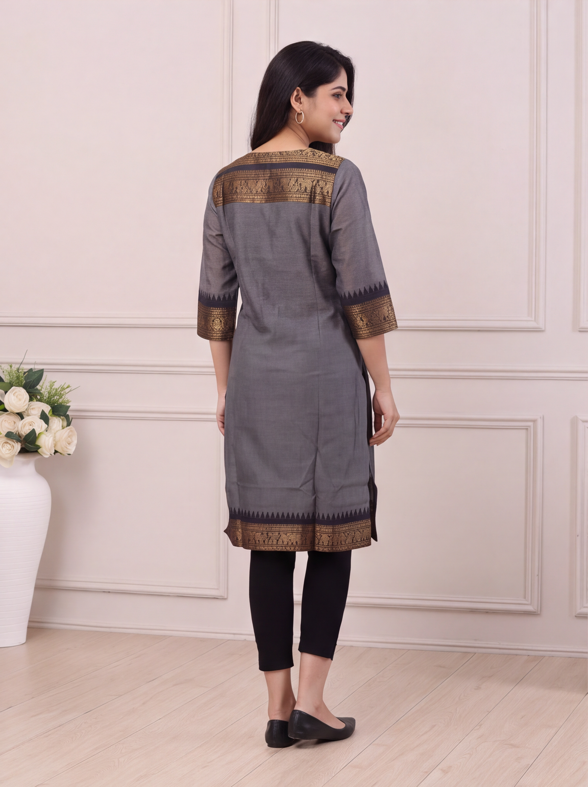 Grey and Black Chettinad Cotton With Zari Work Straight Kurti