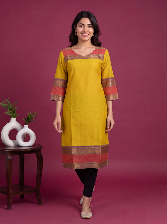 Mustard Yellow and Red Chettinad Cotton With Zari Work Straight Kurti