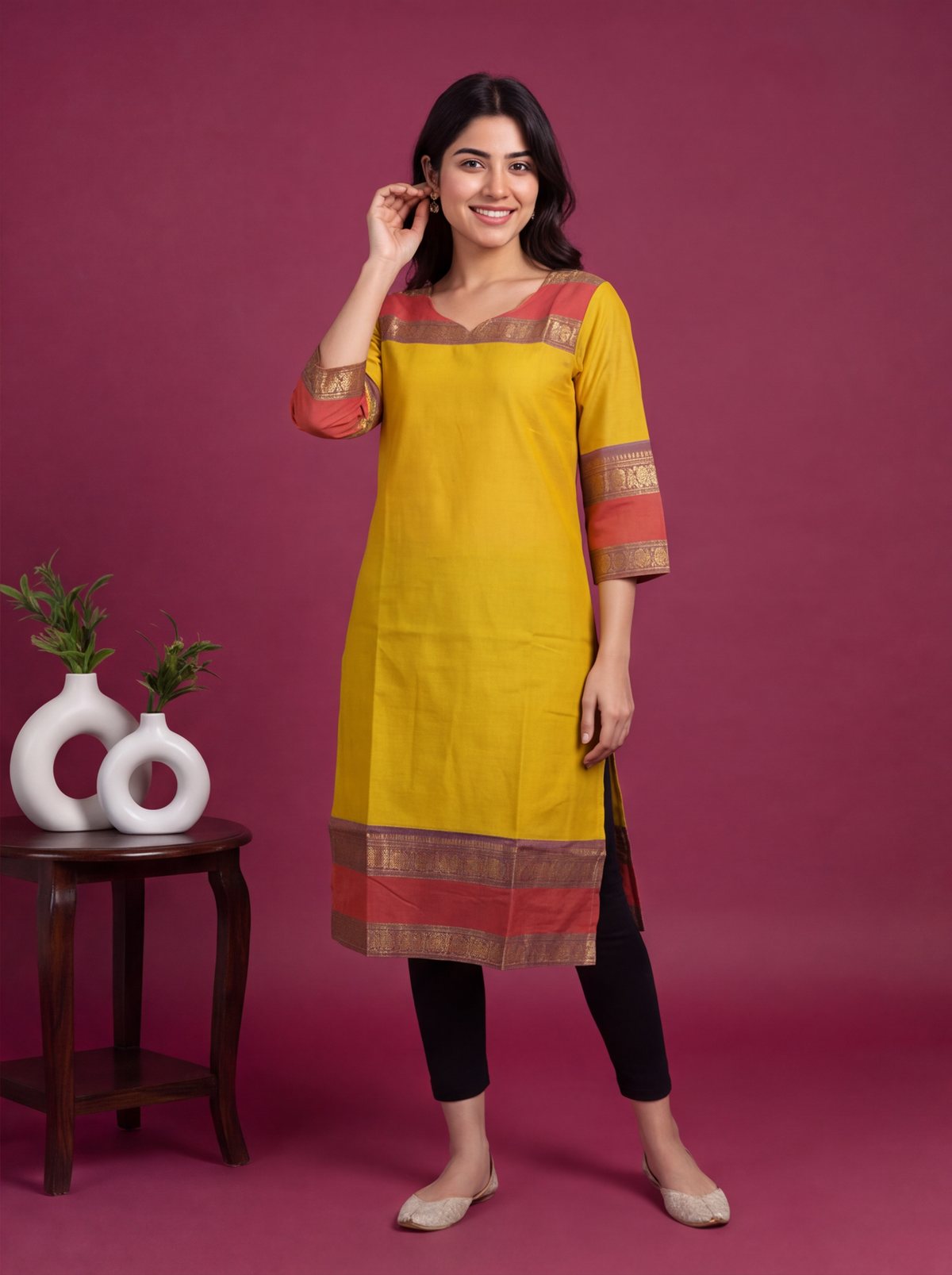 Mustard Yellow and Red Chettinad Cotton With Zari Work Straight Kurti