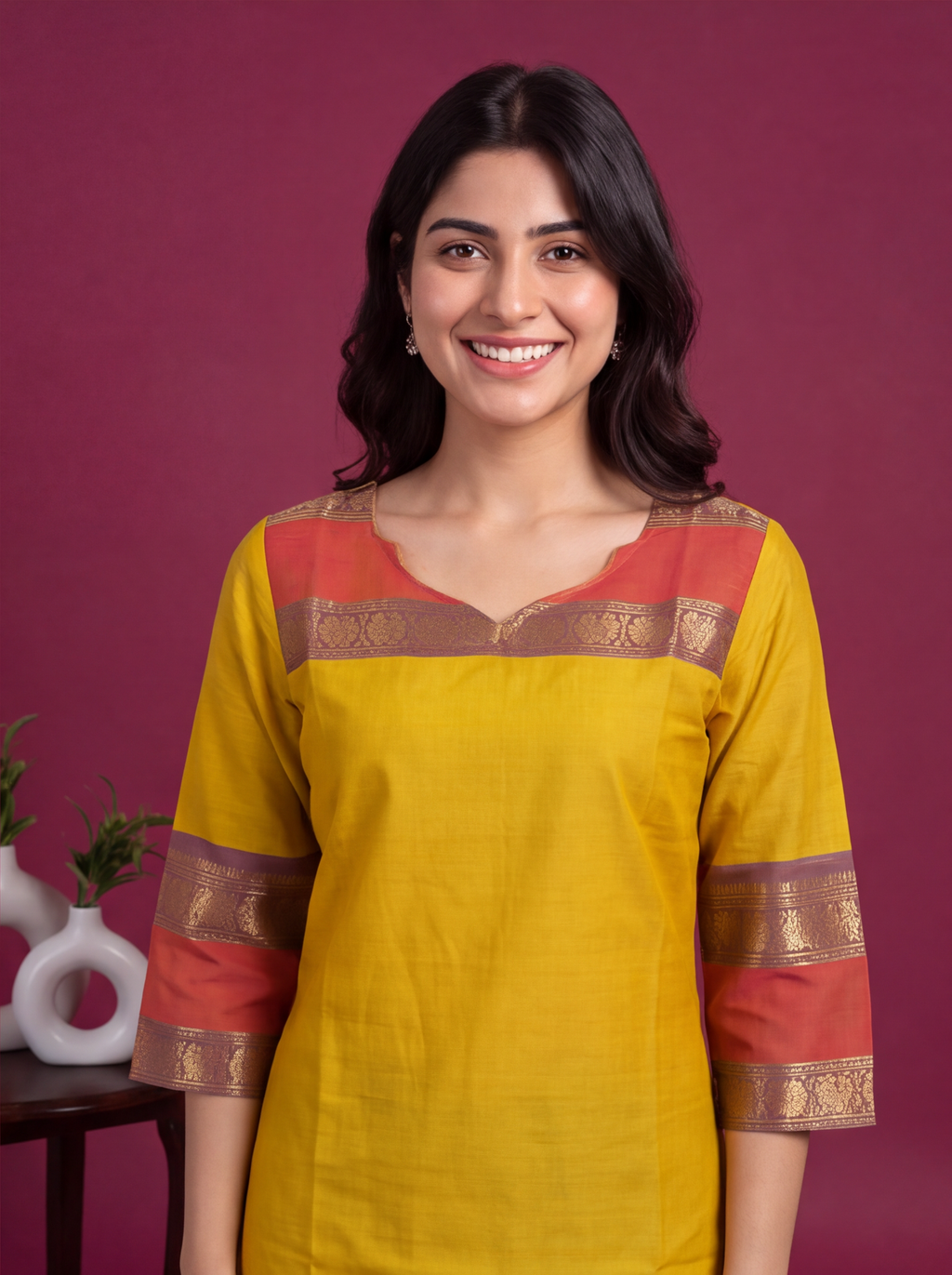 Mustard Yellow and Red Chettinad Cotton With Zari Work Straight Kurti