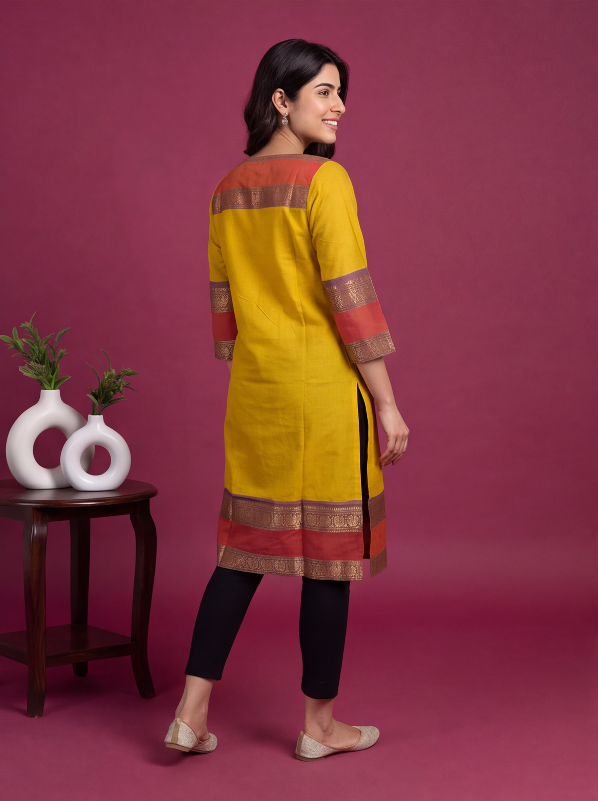 Mustard Yellow and Red Chettinad Cotton With Zari Work Straight Kurti