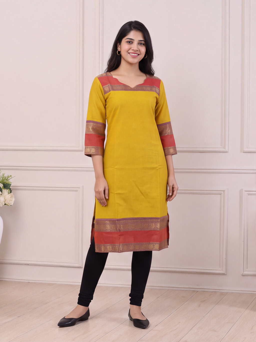 Mustard Yellow and Red Chettinad Cotton With Zari Work Straight Kurti