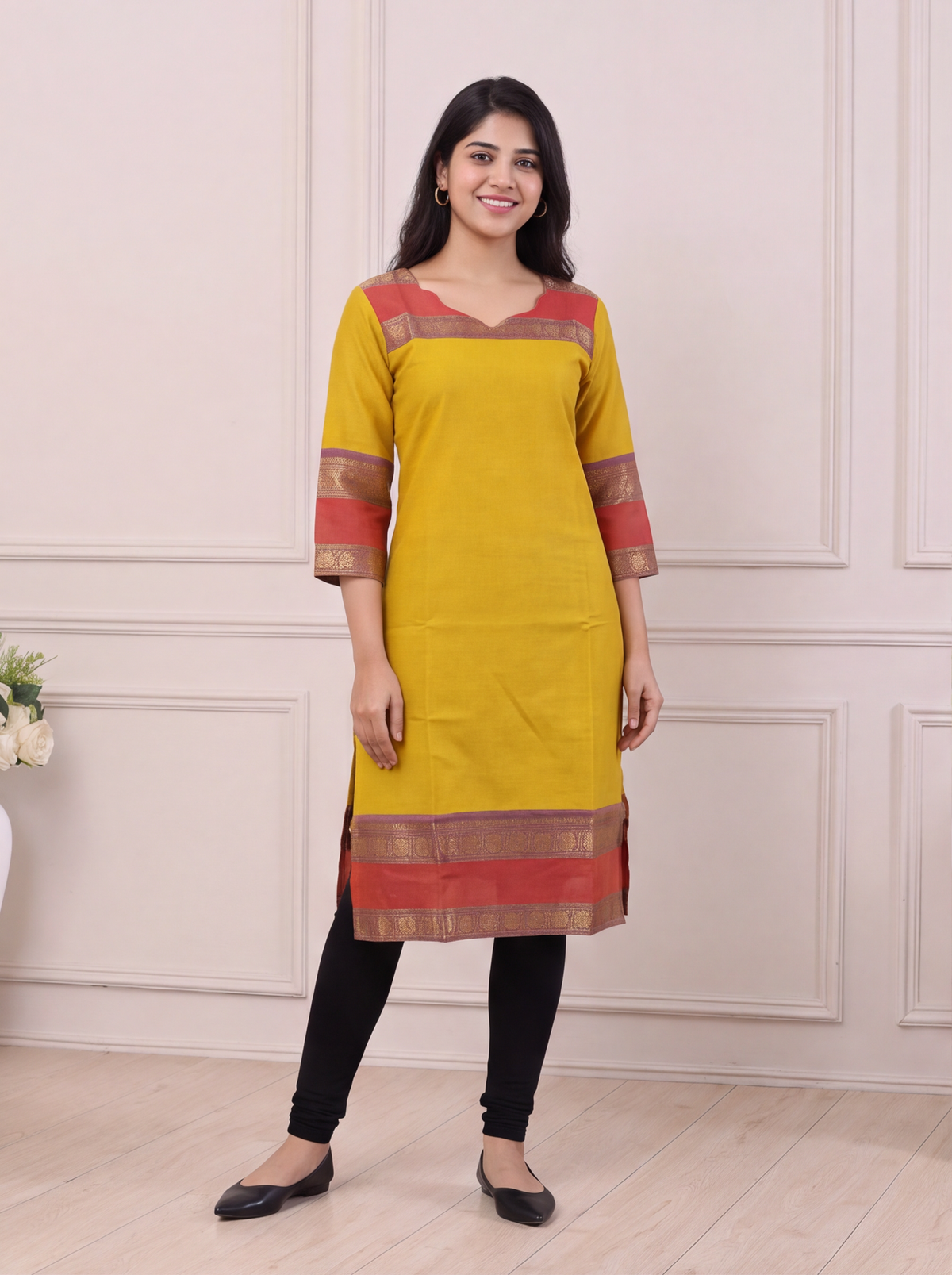 Mustard Yellow and Red Chettinad Cotton With Zari Work Straight Kurti