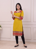Mustard Yellow and Red Chettinad Cotton With Zari Work Straight Kurti
