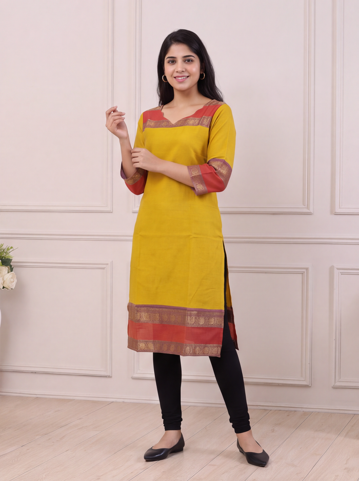 Mustard Yellow and Red Chettinad Cotton With Zari Work Straight Kurti