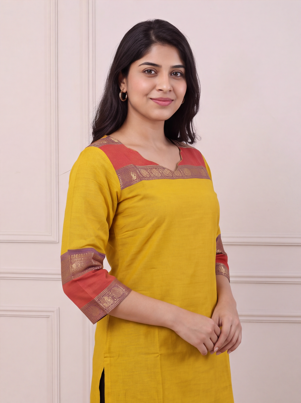 Mustard Yellow and Red Chettinad Cotton With Zari Work Straight Kurti