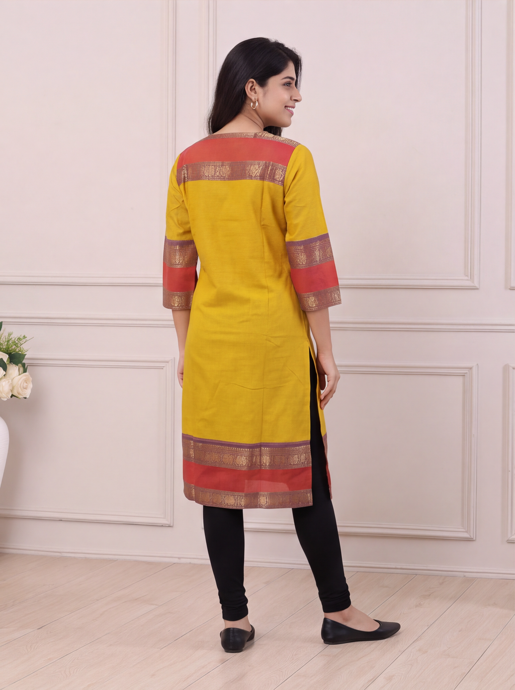 Mustard Yellow and Red Chettinad Cotton With Zari Work Straight Kurti