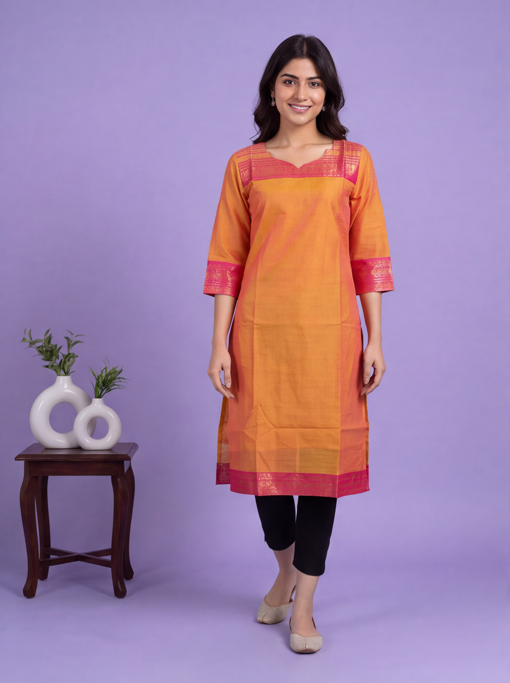 Dual Shade Of Mustard Yellow and Pink Chettinad Cotton With Zari Work Straight Kurti